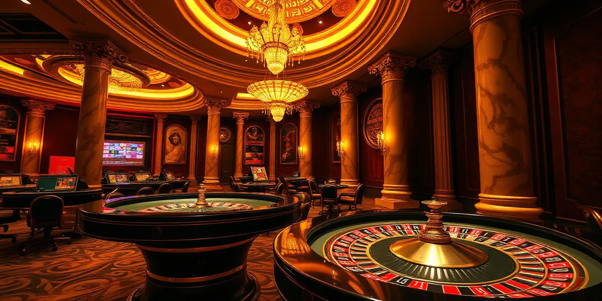 Live Casino mit goldenen Säulen und Roulette Tisch